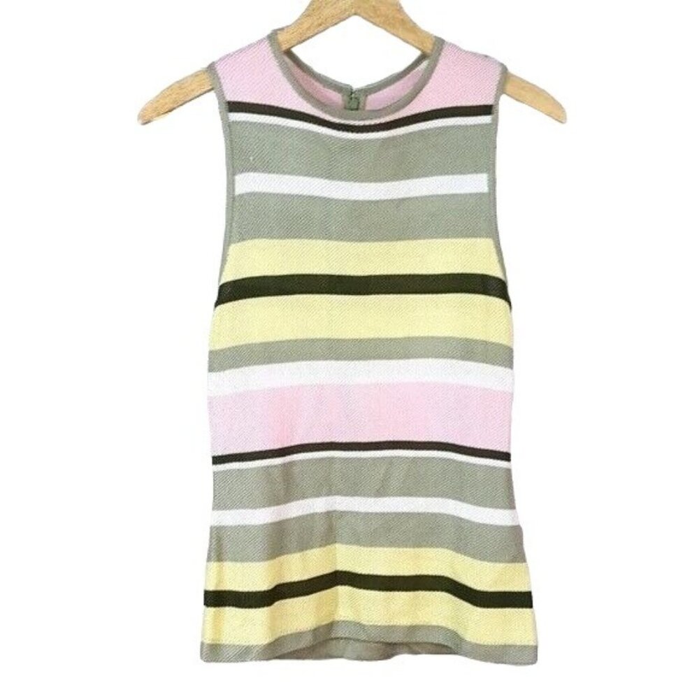 St. John Sport Knit Top Green Small Pink Yellow Sleeveless Back Zipper Striped